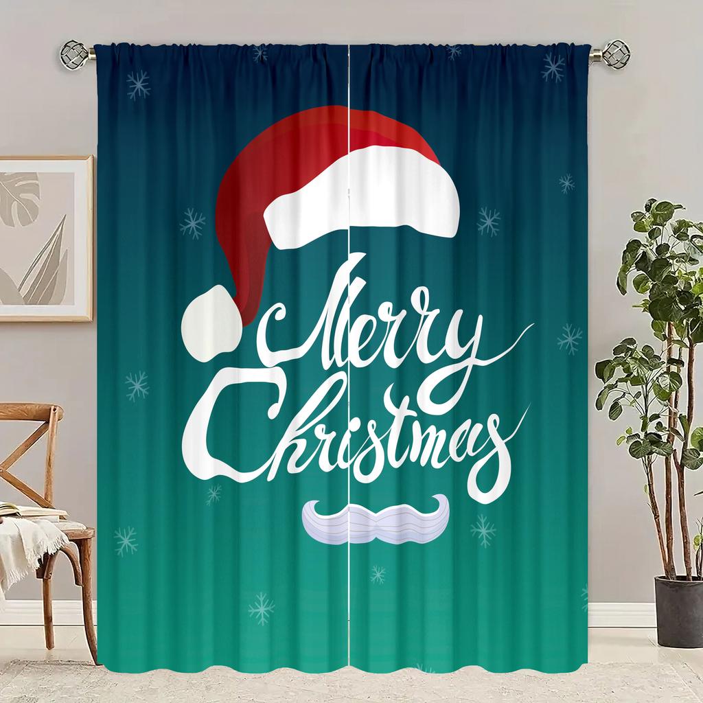 2 Pieces - Santa's Hat Christmas Print Curtain - Polyester Material - Suitable for Bedroom, Living Room, Study