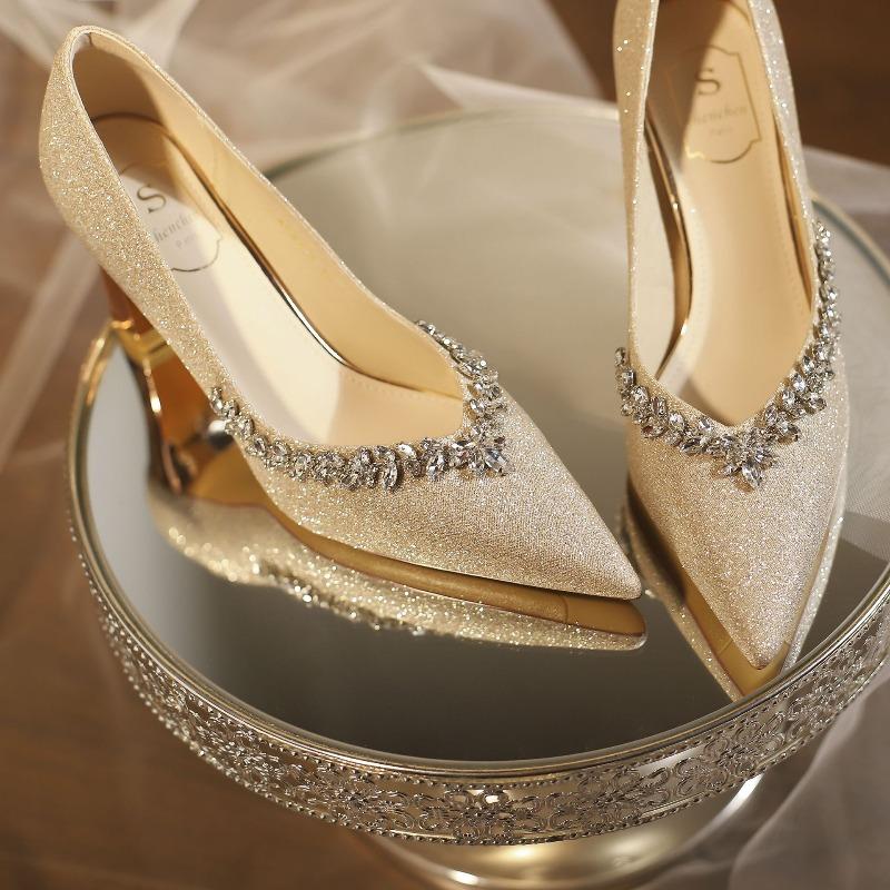 New Sparkling Rhinestone Temperament Small Pointed Tip Thin Heel Shallow Mouth Wedding Shoes High Heels Women's Shoes