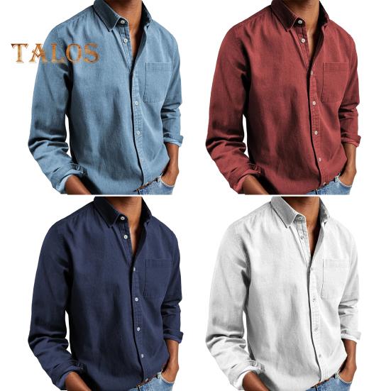 Camisa masculina de primavera com bolso no peito, gola virada para baixo, cardigan solto de abotoamento simples, cor pura, blusa formal, comprimento médio, camisa casual