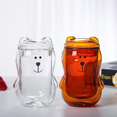Creative 300ML Bear Double Cup Personalized Coffee Mug with Cover Transparent Glass Coffee Cup Cute Cartoon Amber Bear Mugs