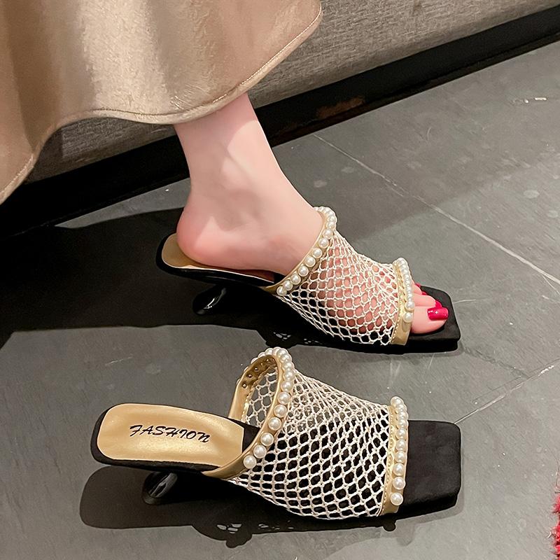Fashion Mesh Fashion Slippers Women's Pearl Decoration Elegant Square Toe Women's Shoes 2025 Summer New High Heels Dress Pump Sandals
