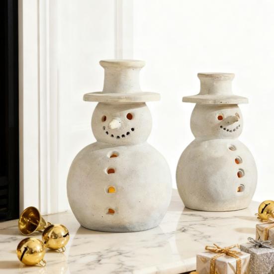 Terracotta Snowman Decor Handcrafted Resin Snowman Figurines Christmas Holiday Rustic Winter Tabletop Decor