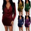 Women Sexy Deep V-Neck Long Sleeve Color Dress Nightclub Party Dress