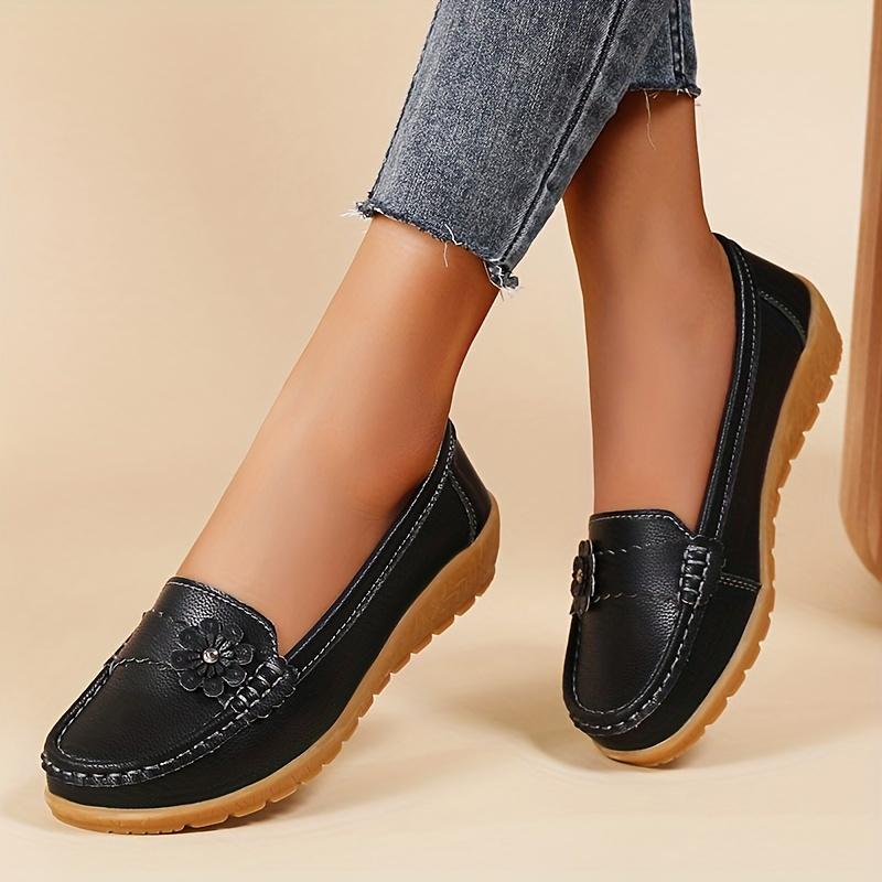 Women's Flower Decor Flat Loafers, Casual Solid Color Slip On Shoes, Lightweight & Comfortable Shoes
