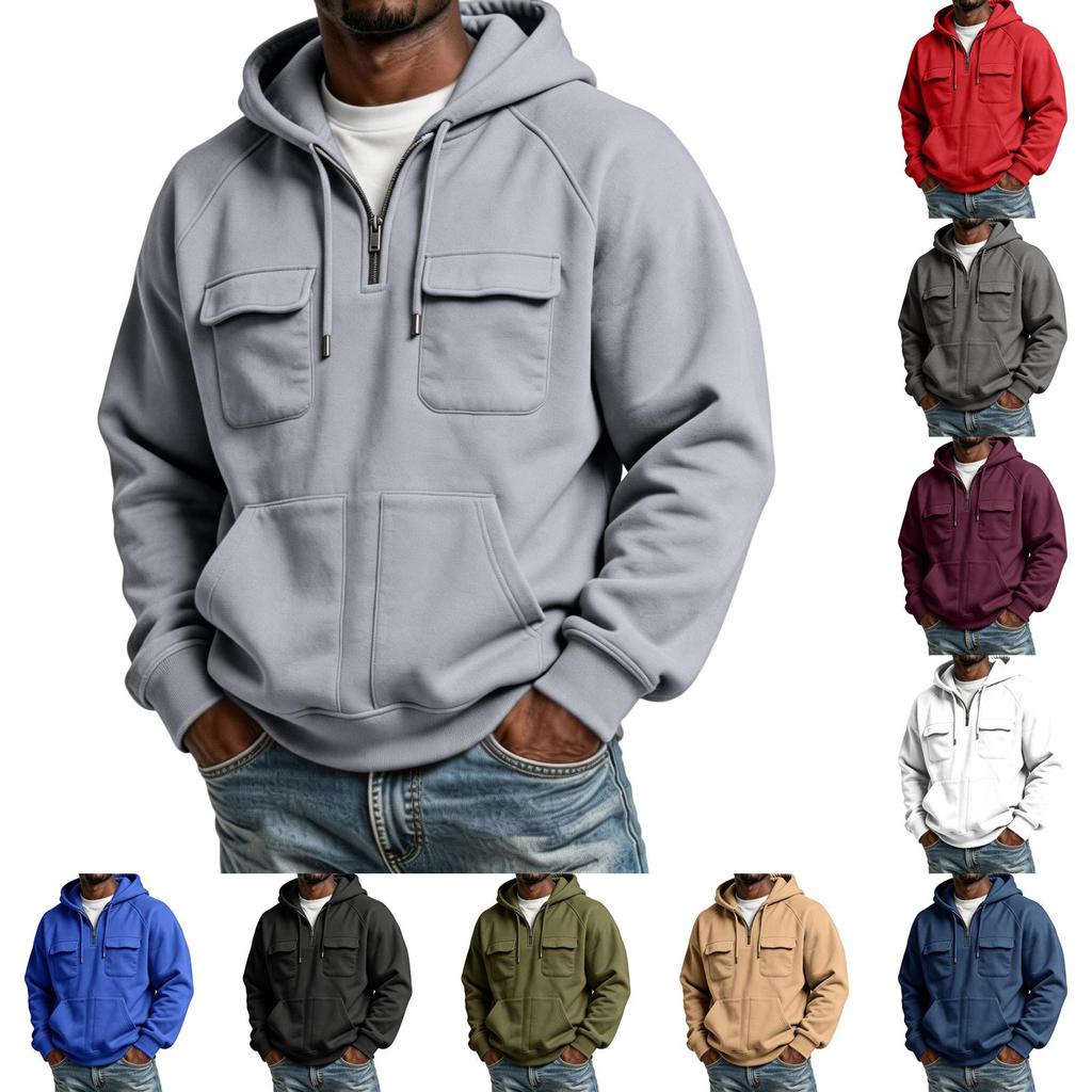 Men's Hooded Jacket with Multiple Pockets Casual Athletic Raglan Sleeve Outerwear