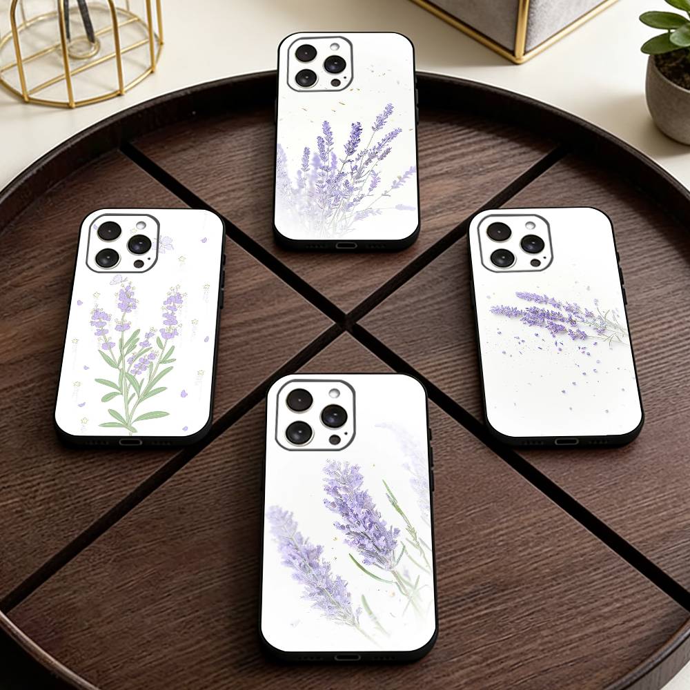 Lavender Purple Flowers Phone Case For iPhone 17,16,15,14,13,12,11 Plus,Pro Max,XS,Soft Silicone Black Cover