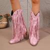 Retro Rivet Tassels Long Boots Fringe Western Cowboy Boots Women 2025 Vintage Woman Chunky Heels Casual Boot Slip on Shoes Femal