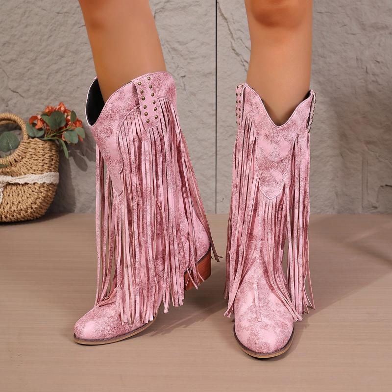 Retro Rivet Tassels Long Boots Fringe Western Cowboy Boots Women 2025 Vintage Woman Chunky Heels Casual Boot Slip on Shoes Femal