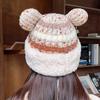 Knitted Beanie with Plush Bear Ear for Students Adult Windproof Winter Hat Striped Bear Ear Shape Keep Warm Cycling Hat