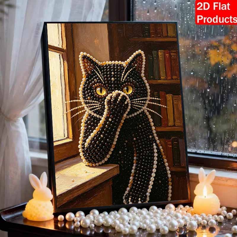 Sparkling Pearl Painting On Stretched Frame Cute Black Cat In Library DIY Bead Art Canvas Relaxing Hobby Gift for Craft Lovers