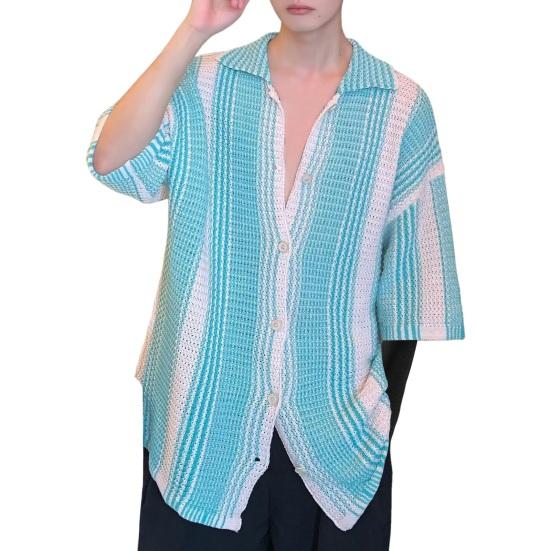 Summer Men Shirt Knitted Color Matching Lapel Elastic Japanese Style Single-breasted Short Sleeves Retro Antu-shrink Casual Vacation Beach Knitwear