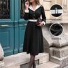 2026 Winter Womens V-Neck Long Sleeve A-Line Midi Dress With Waist Tie High-Waisted Fit Contrast Color Detail