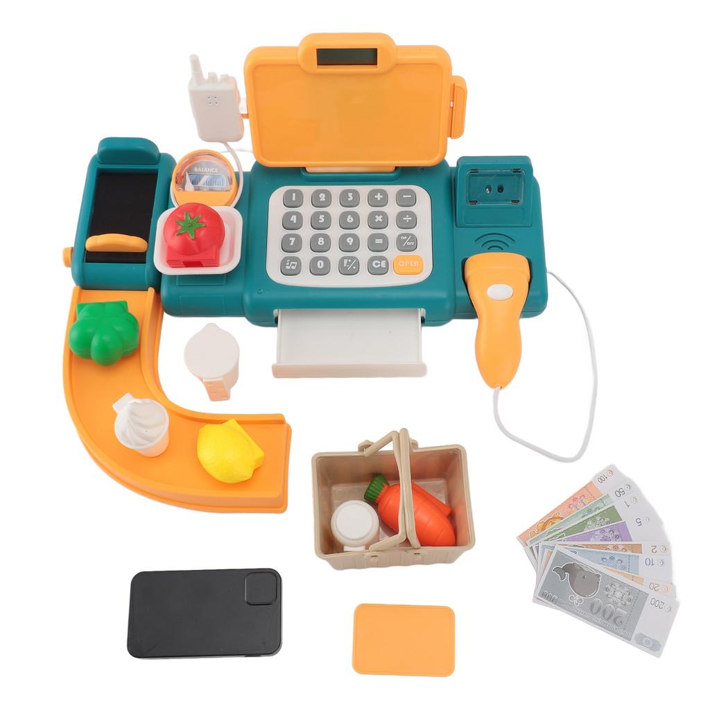 Cash Register Toy for Kids with Checkout Scanner Play Food Set Play Calculator Credit Card Rder Voice Broadcast Pretend Cash Register
