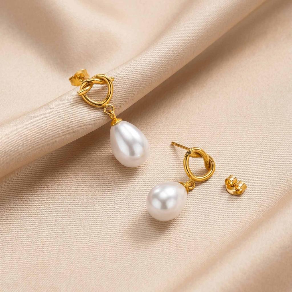 Drop Earrings with Knot Teardrop Pearl, 18K Gold Plated Stainless Steel Dangle Jewelry, Waterproof Anti-Tarnish Party Gift