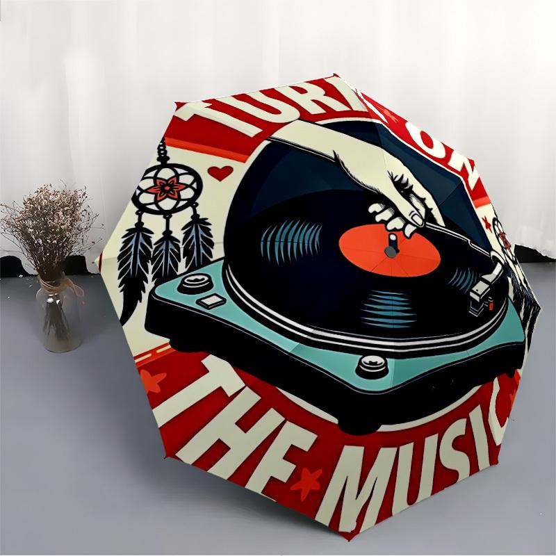 1pc Turn On Vinyl Music Automatic Open/Close, 8-Rib Durable Frame, Compact Folding, Elegant Man/Women's Travel015