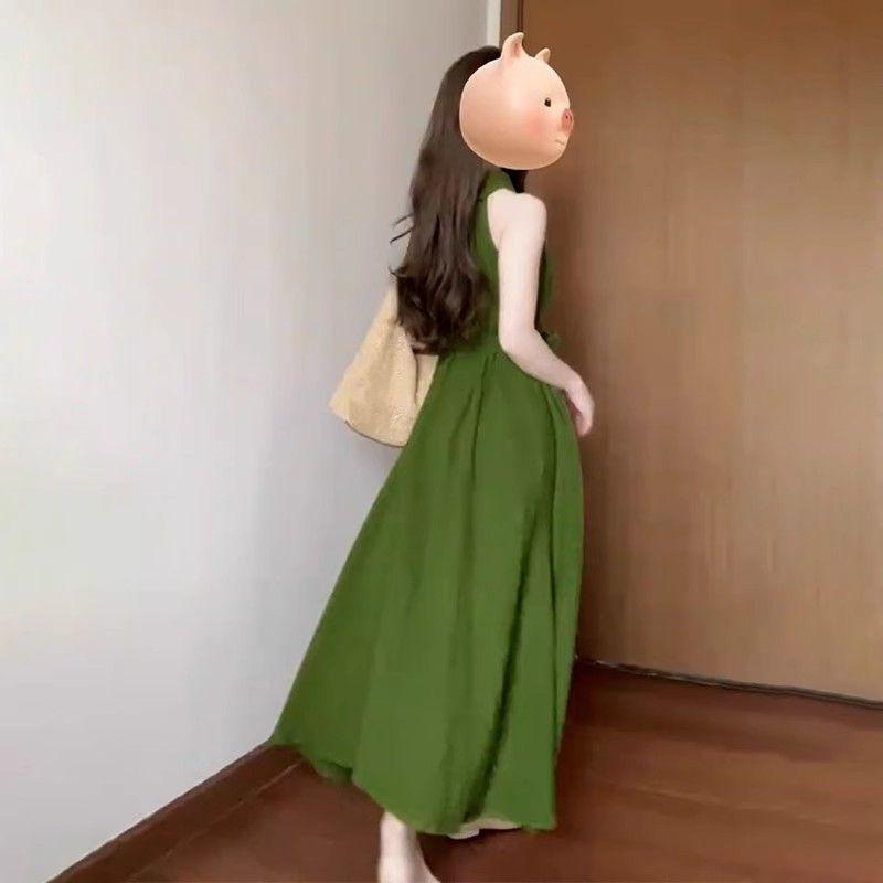 2026 Summer French Green Sleeveless Children's Beach Resort Long Dress