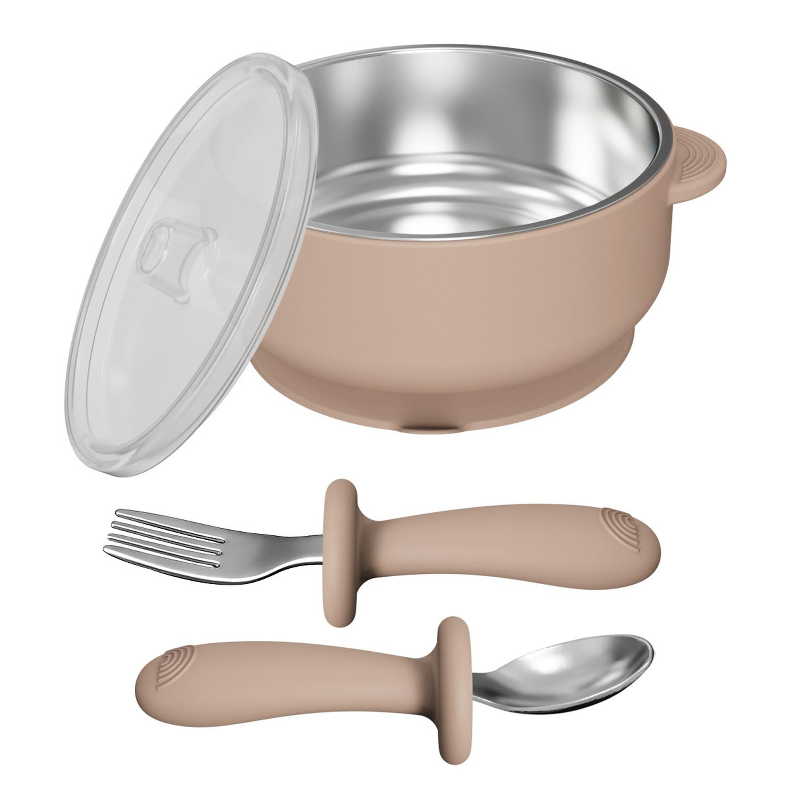

Baby Silicone Feeding Bowl with Suction Cup, Stainless Steel Bowl, -Fall Kids Tableware Set with Spoon Fork one size бежевый