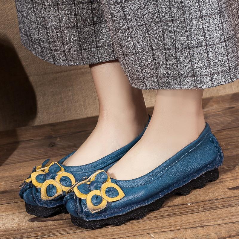 Женские туфли из коровьей кожи мягкая подошва неглубокий вырез плоский каблук удобные туфли для мамы одинарные туфли с цветком круглый носок средний каблук туфли Doudou 40 3670₽