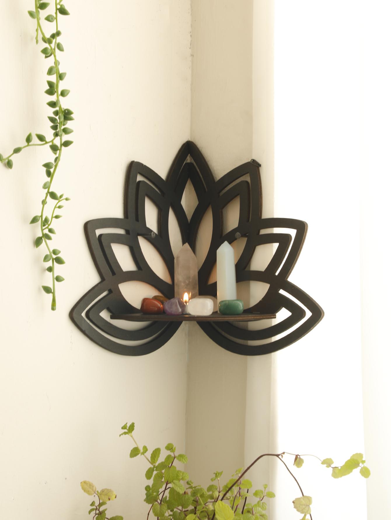 

Угловая полка Lotus, деревянная плавающая полка, украшение для дома в стиле бохо, настенные полки, выставочный стенд, декор для комнаты, эстетичный держатель для кристаллов