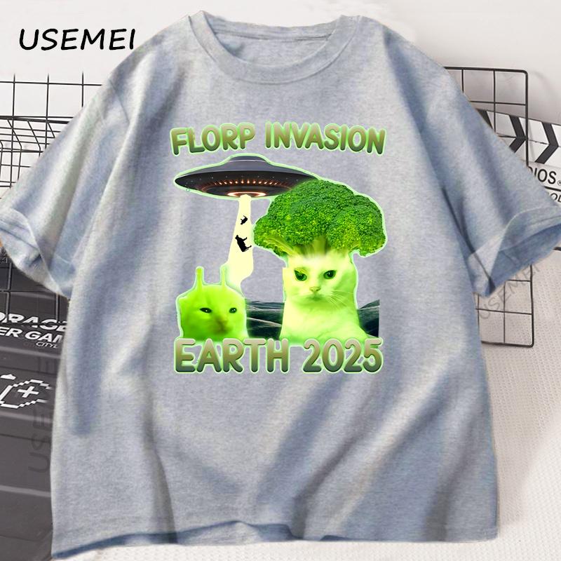 Funny Alien Brainrot Cat T-Shirt Broccoli Cat Printed Tshirt Cotton Short Sleeve Round Neck T Shirt Men's Clothes Streetwear