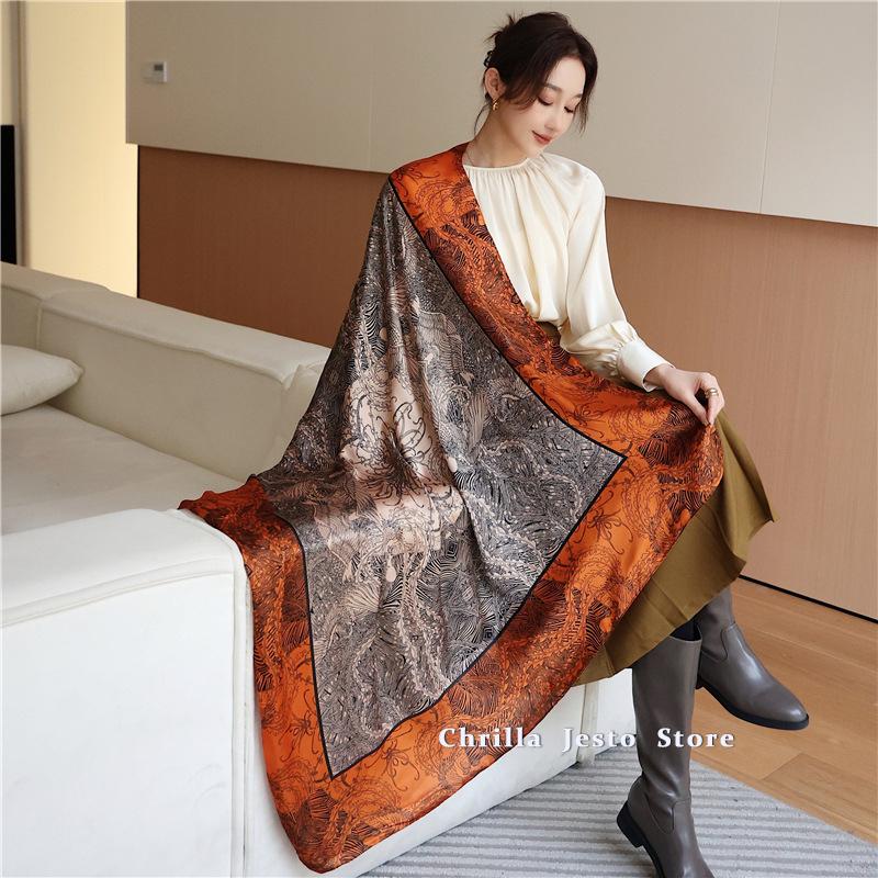 Big Size 110cm Square Floral Printed Women Fashion Imitated Silk Scarf Foulard 45inch Muslim Hijab
