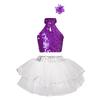 Girls Sequin Crop Top Halter Neck Tutu Skirt 3D Flower Clip Dance Costume Set Training Outfit
