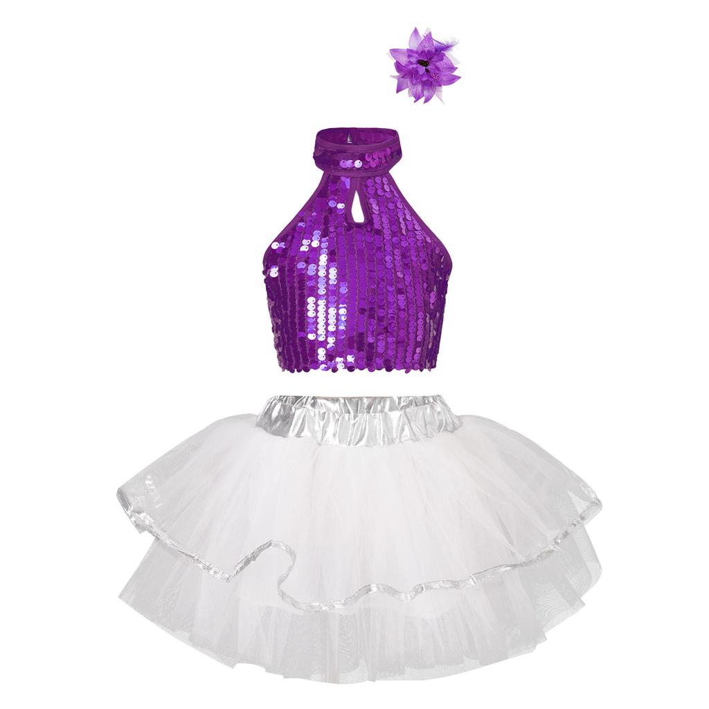 Girls Sequin Crop Top Halter Neck Tutu Skirt 3D Flower Clip Dance Costume Set Training Outfit