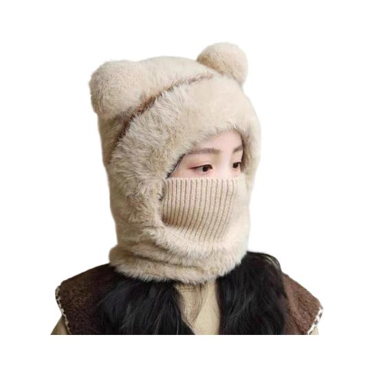 Children Hat with Face Guard Double Plush Ball Decor Solid Color Windproof Ear Protection Baby Hat Woolen Knitted Hat
