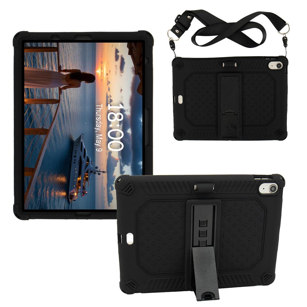 

For iPad (2025)/10.9 (2022) Case PC Kickstand Silicone Tablet Cover with Shoulder Strap Black