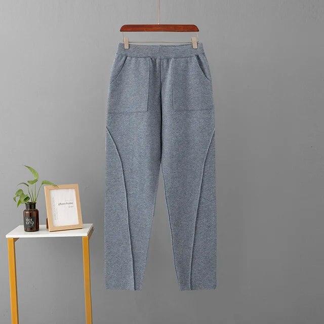 

Осень-зима 2024, вязаные брюки с высокой талией, женские прямые однотонные теплые вязаные брюки с эластичной резинкой на талии One Size серый