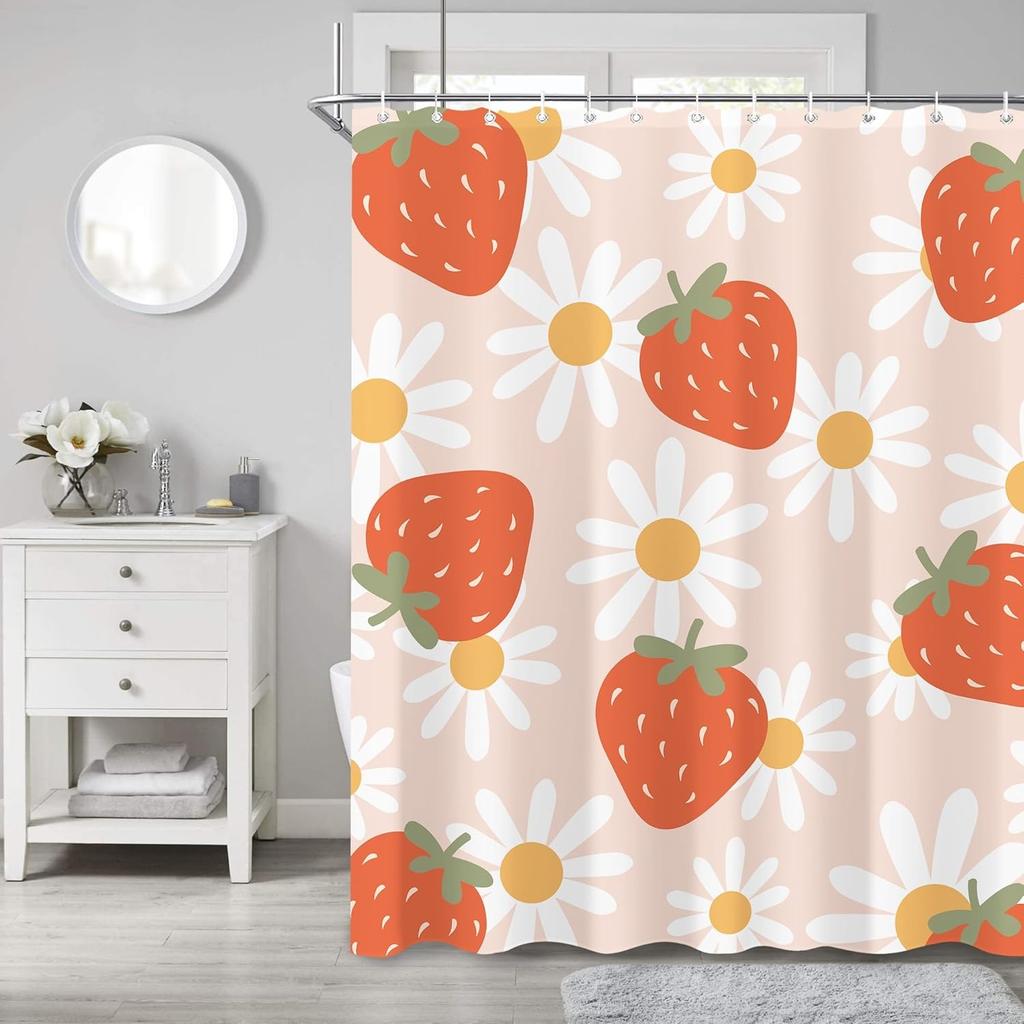 1pc Strawberry Print Waterproof Shower Partition Privacy Hanging Curtain with 12 Hooks, Multiple Sizes, Machine Washable
