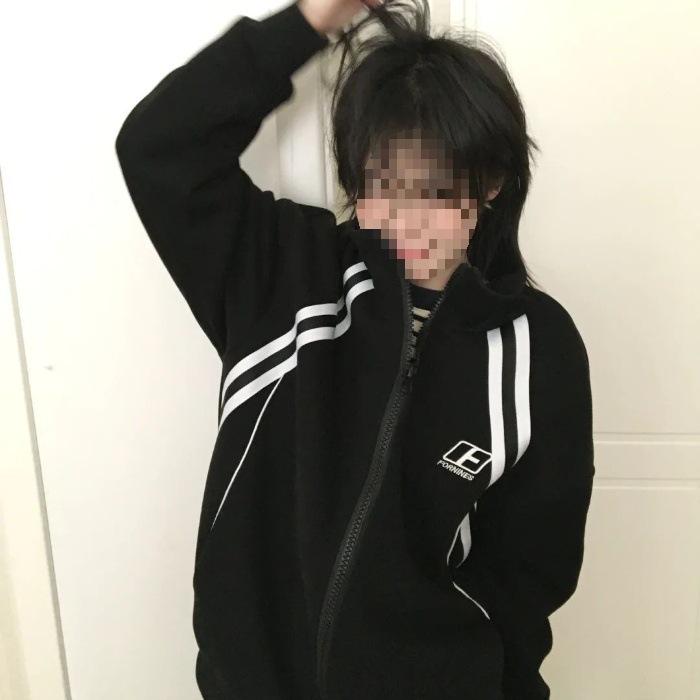 

Unisex Retro Stripe Stand Collar Hoodie - Trendy, Loose Fit Sport Outerwear L