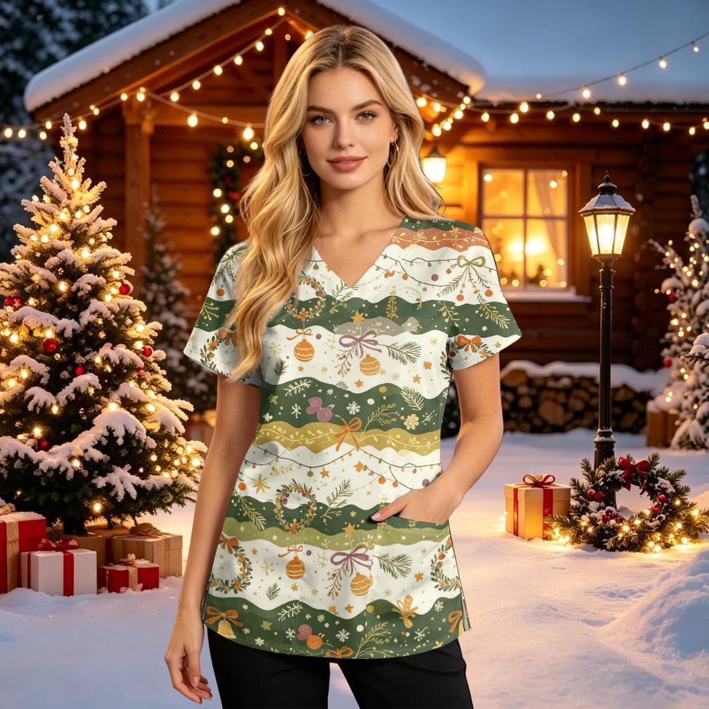 Dame Juleprint V-hals Kortærmet Scrub Top med Lommer Plejer Uniform