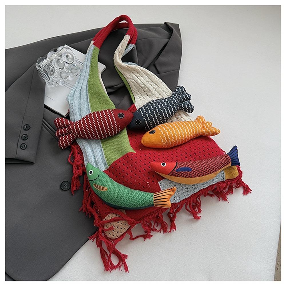 

Летняя сумка из плетеной ткани с ажурным узором, кисточками в виде рыбок, пляжная сумка, модная хлопковая вязаная крючком сумка через плечо, женская красный