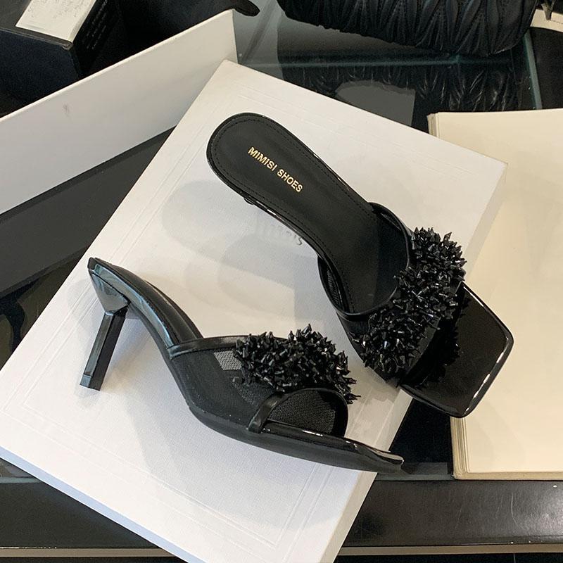 Fashion Fashion Luxury Rhinestones Women Thin Heels Pumps Shoes Slip On Footwear Ladies High Heels Shoes Female Slides Sandals