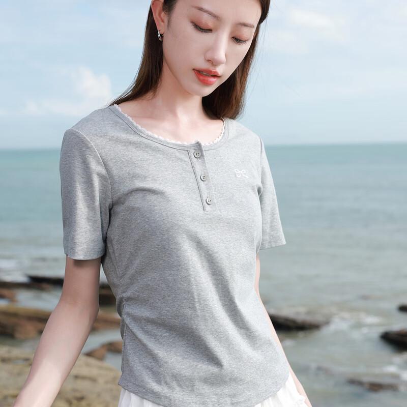 Sancai Women's Embroidered Slim Fit Round Neck T-Shirt