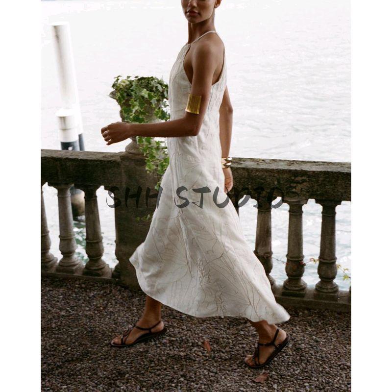 Summer New Product Women's Clothes Vacation Style Metal Color Thread Flower Embroider Hanging Collar Long Dress 8308853