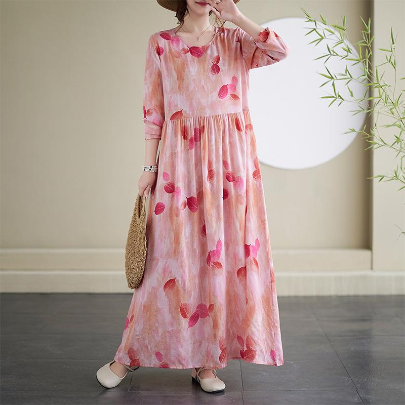 Dress A Variety of Color Holiday Style Travel Round Neck Vintage Flesh-covered Cotton Hemp Long Dress