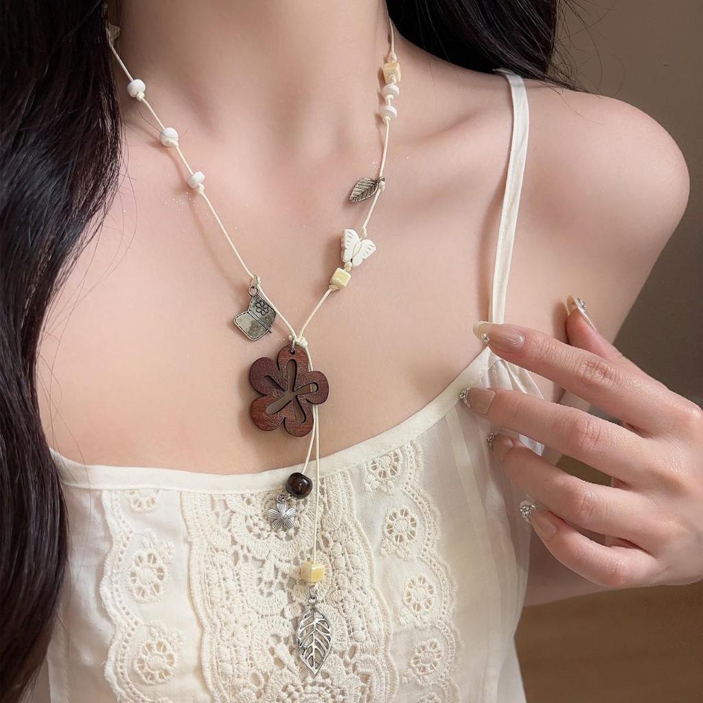 Vintage Wooden Flower Pendant Necklace with Beaded Braided Rope - Stylish Long Sweater Chain for Women