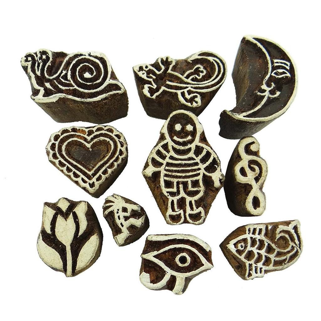 Lot Of 10 Pcs Ethnic Printing Block Wooden Handcarved Textile Stamp