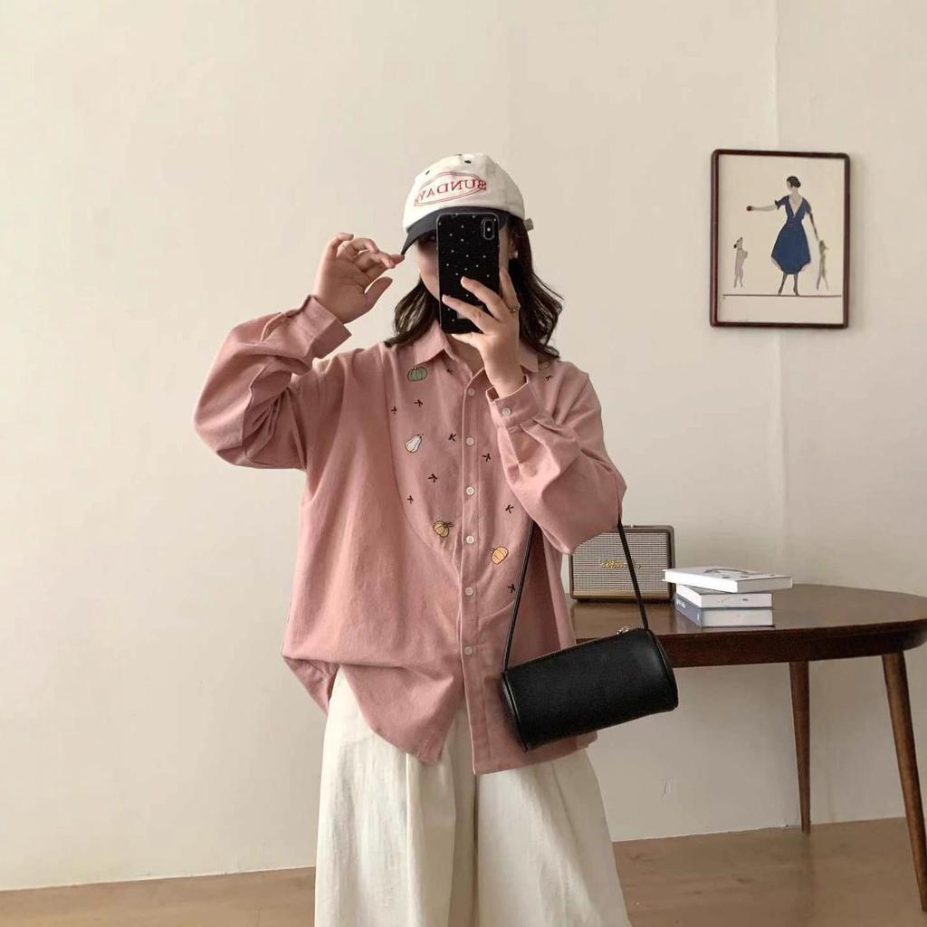 2025 Autumn/Winter Retro Brushed Print Cardigan Long Sleeve Lapel Shirt Women's Slim Top