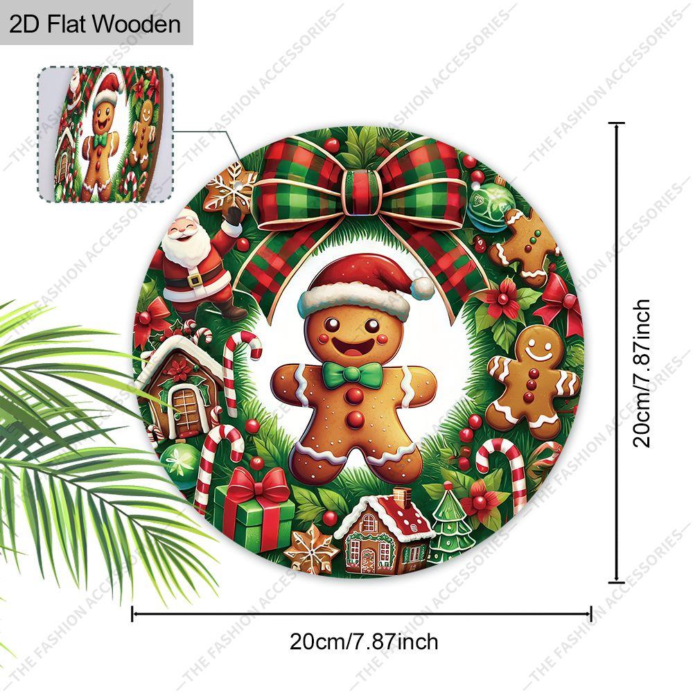 Gingerbread Man Christmas Wreath Round Wooden Hanging Sign, Xmas Front Door Wall Decor