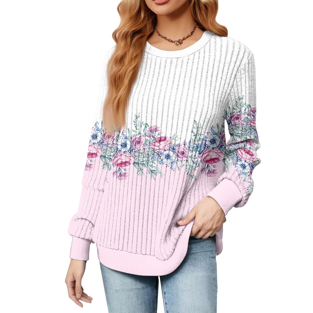 Fashionable Women's Long Sleeved Floral Printed Lightweight Sweater With Loose Round Neck Top