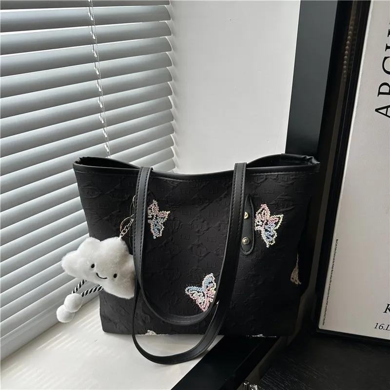 Casual Embroidered Butterfly Shoulder Bags for Women Sweet Ladies Large Capacity Handbags Plaid Portable College Girls Tote Bag
