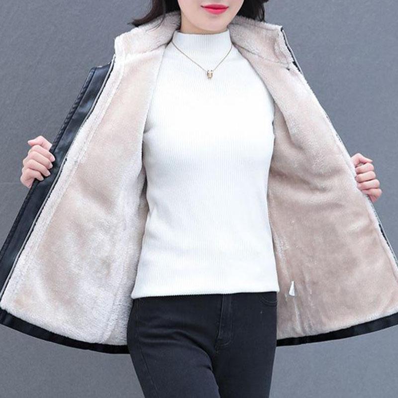 Autumn Winter Women's Fleece Leather Jacket Mid-Length Slim Fit PU Hooded Leather Jacket Flocked Thick Warm Leather Coat