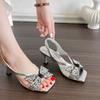 Rhinestone Cutout Bow Back Empty Sandals Women's Outside Wear Summer New Square Toe Non-slip Stiletto Heels