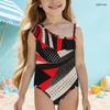 Girls One Shoulder Ruffle One Piece Printed Swimsuit Black Gray White