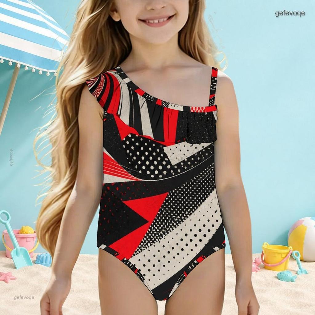 Girls One Shoulder Ruffle One Piece Printed Swimsuit Black Gray White