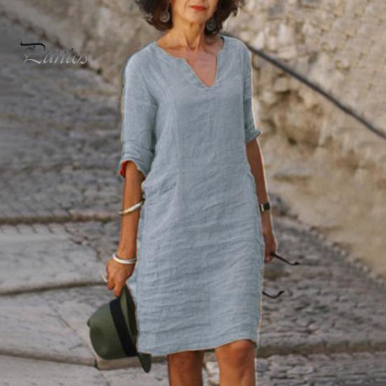 Casual Dress Summer Lady V Neck Three Quarter Sleeves Loose Solid Color Knee Length Simple Style Daily Wear Commute Midi Fit