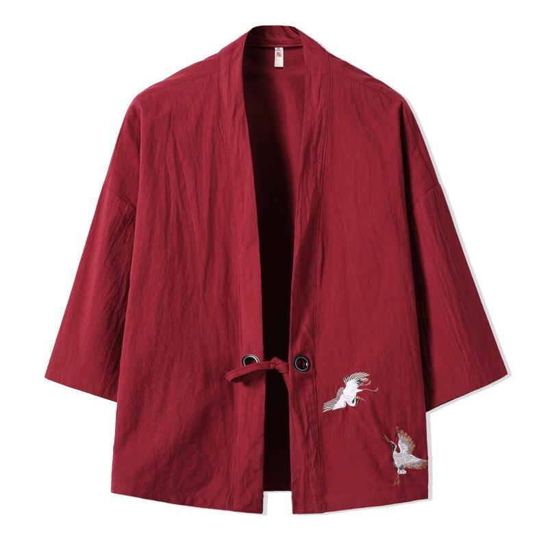 Men Chinese Style Retro Crane Embroidered Loose Open Front Hanfu Kimono Cardigan